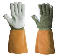 Handschuhe KarboTECT LL 946, schwerer Strick Para-A/ Karbon/Wolle, Lederstulpe, 38-40cm - gelb/rotbraun
